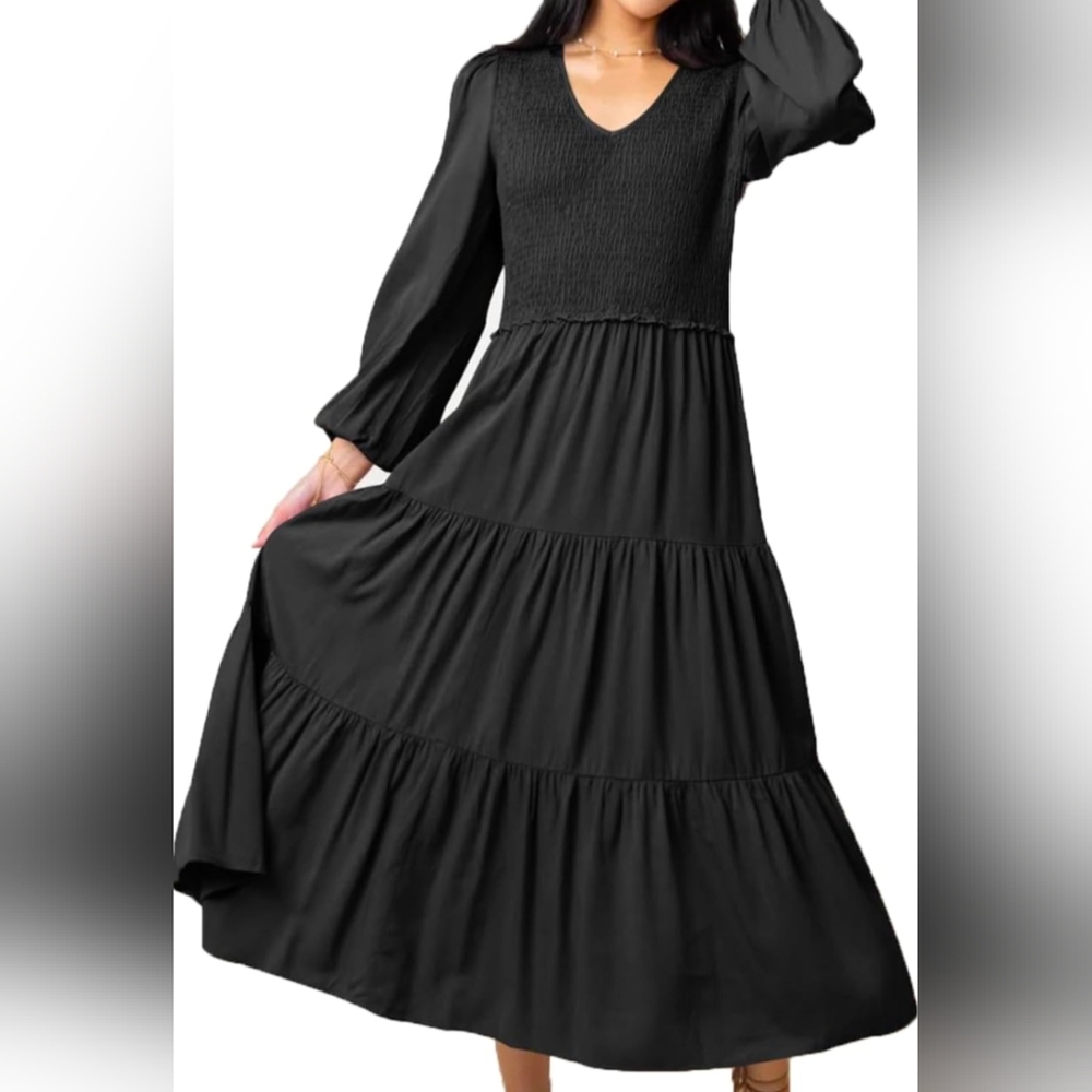 Black Long Sleeve Smocked Dress